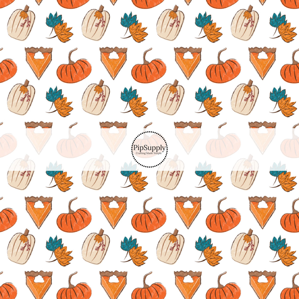 These fall pumpkin themed cream no sew bow strips can be easily tied and attached to a clip for a finished hair bow. These fun fall bow strips are great for personal use or to sell. The bow strips features pumpkin pie slices surrounded by leaves and pumpkins. 