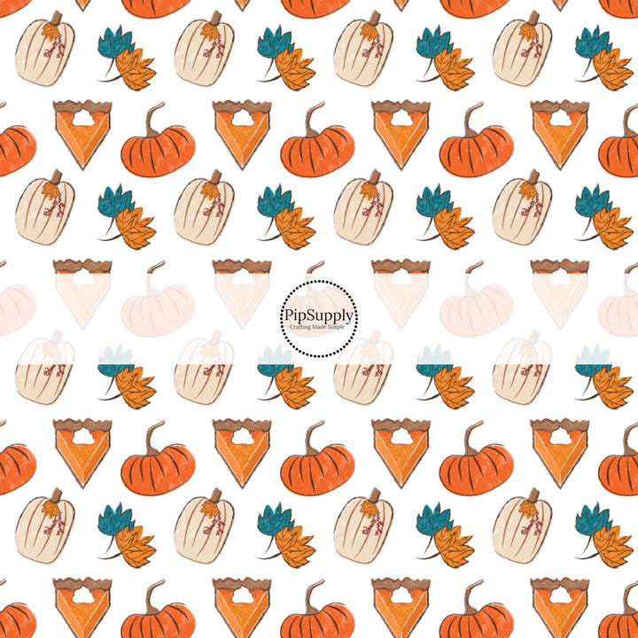 These fall pumpkin themed cream no sew bow strips can be easily tied and attached to a clip for a finished hair bow. These fun fall bow strips are great for personal use or to sell. The bow strips features pumpkin pie slices surrounded by leaves and pumpkins. 