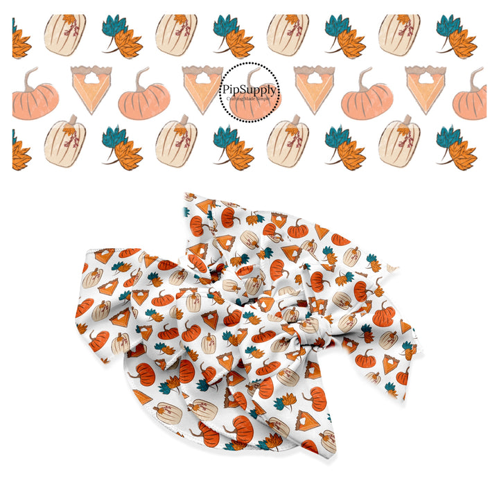 These fall pumpkin themed cream no sew bow strips can be easily tied and attached to a clip for a finished hair bow. These fun fall bow strips are great for personal use or to sell. The bow strips features pumpkin pie slices surrounded by leaves and pumpkins. 