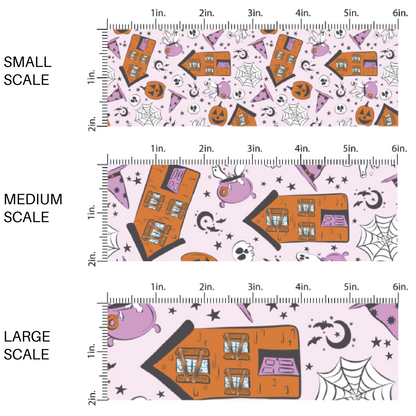 This scale chart of small scale, medium scale, and large scale of these Halloween themed light pink fabric by the yard features pumpkins, spiderwebs, skulls, haunted houses, moons, and tiny stars on pastel pink. This fun spooky themed fabric can be used for all your sewing and crafting needs! 