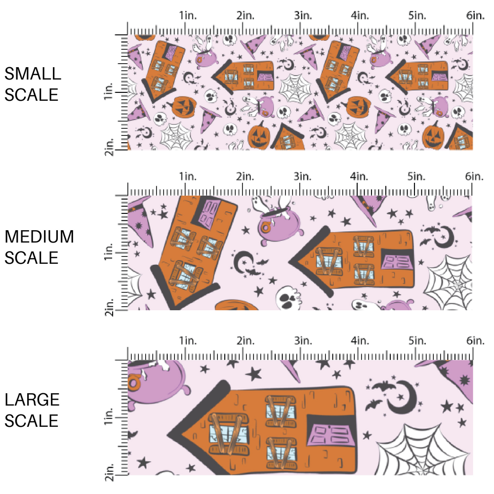 This scale chart of small scale, medium scale, and large scale of these Halloween themed light pink fabric by the yard features pumpkins, spiderwebs, skulls, haunted houses, moons, and tiny stars on pastel pink. This fun spooky themed fabric can be used for all your sewing and crafting needs! 