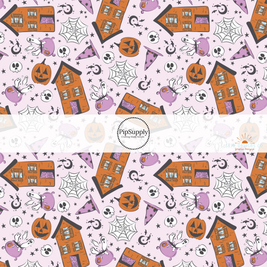 These Halloween themed light pink fabric by the yard features pumpkins, spiderwebs, skulls, haunted houses, moons, and tiny stars on pastel pink. This fun spooky themed fabric can be used for all your sewing and crafting needs! 