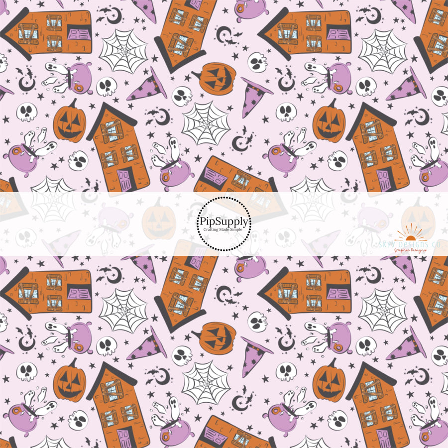 These Halloween themed light pink fabric by the yard features pumpkins, spiderwebs, skulls, haunted houses, moons, and tiny stars on pastel pink. This fun spooky themed fabric can be used for all your sewing and crafting needs! 