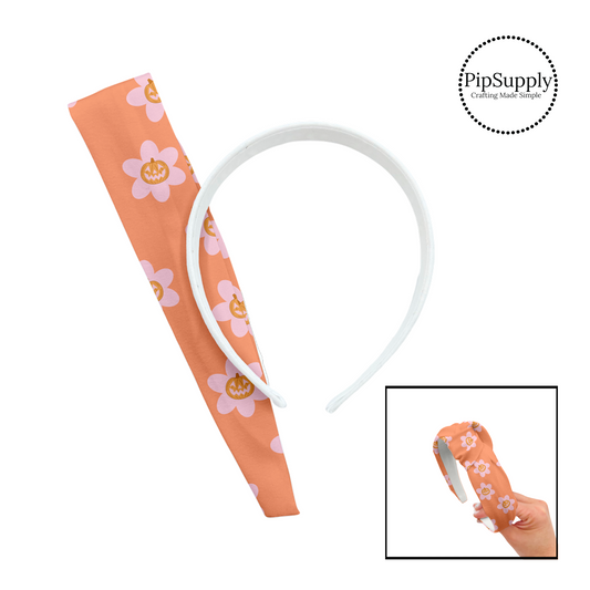 Pink flower with orange pumpkin on orange knotted headband kit