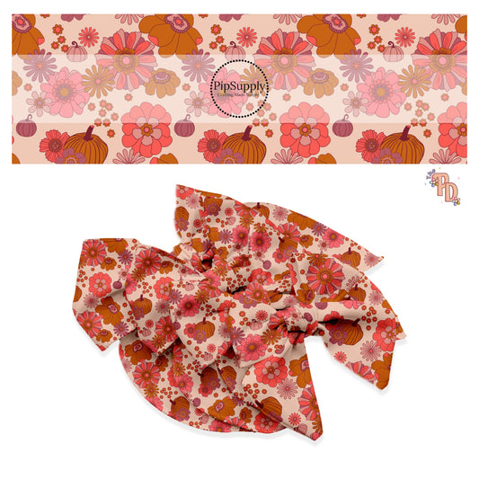 Fall flowers and pumpkins on pink hair bow strips
