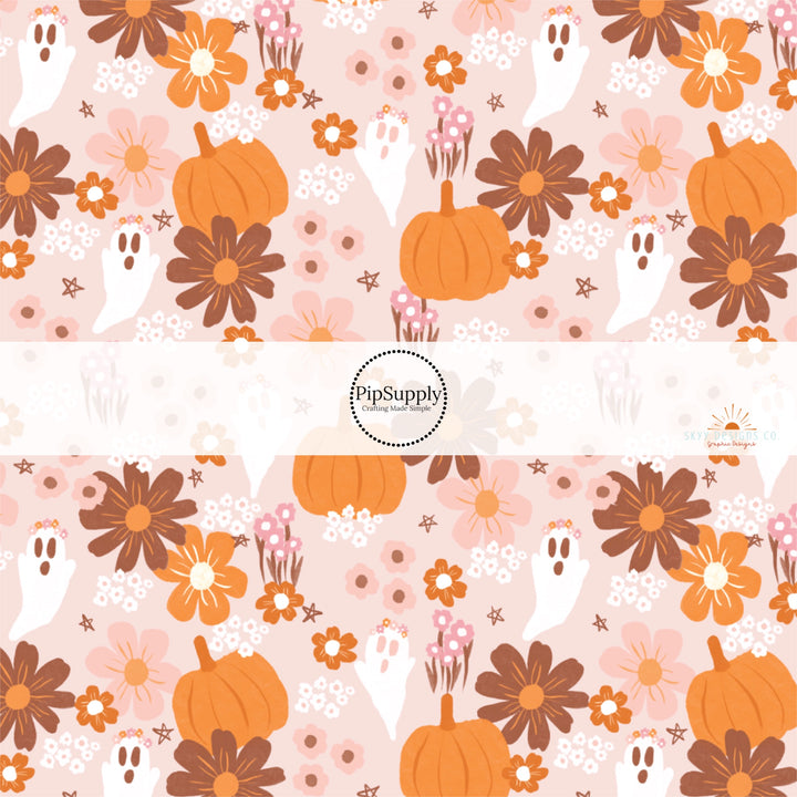 Floral ghost with pumpkins on pink hair bow strips