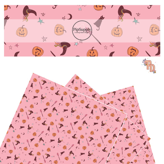 Pumpkins, witches, cats, moons, and stars on pink faux leather sheets