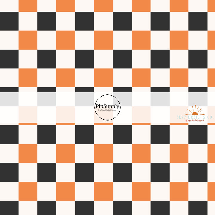 These Halloween themed pattern fabric by the yard features the following design elements: black, cream, and orange checker pattern. This fun spooky themed fabric can be used for all your sewing and crafting needs!