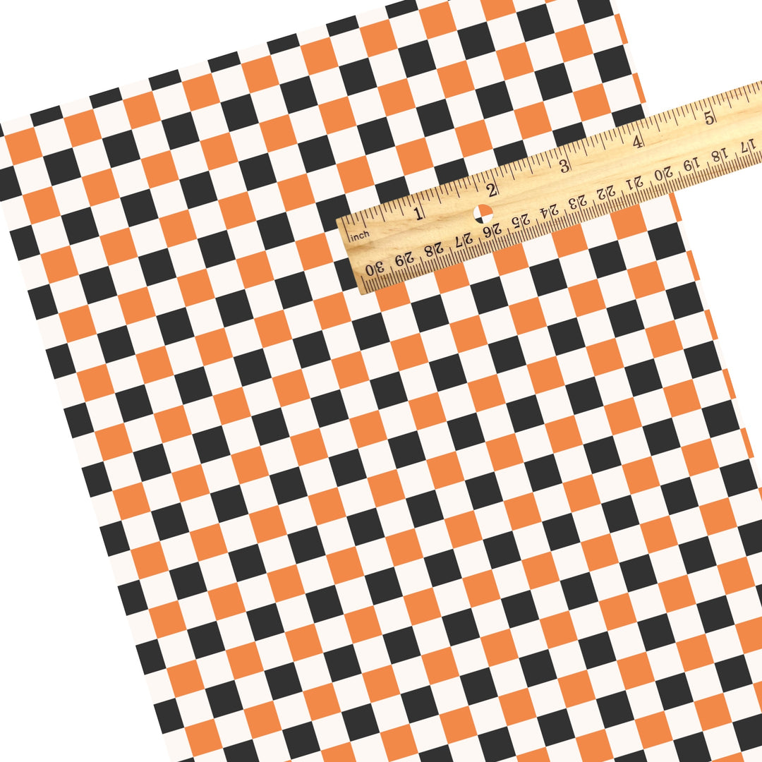 These Halloween themed pattern faux leather sheets contain the following design elements: black, cream, and orange checker pattern. Our CPSIA compliant faux leather sheets or rolls can be used for all types of crafting projects.