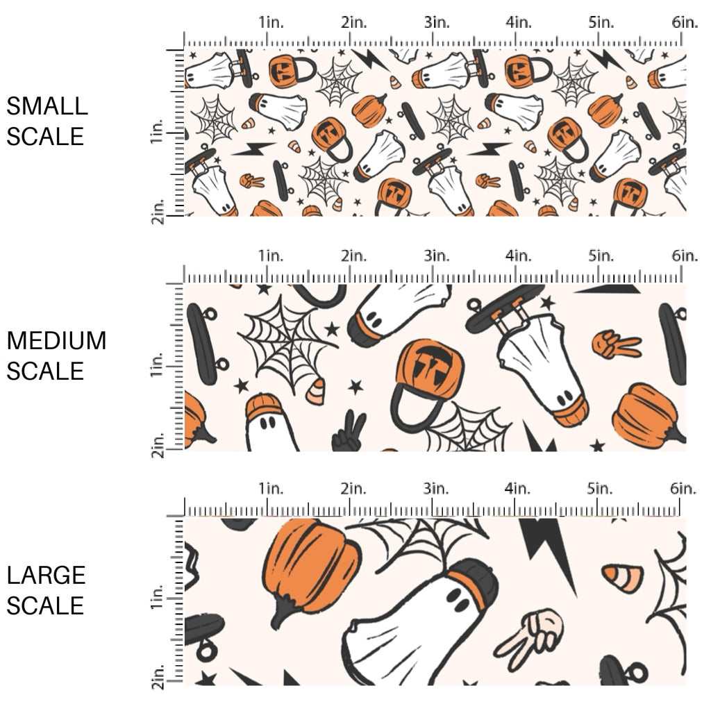 These Halloween themed pattern fabric by the yard features the following design elements: punk skater ghost, pumpkins, and spider webs surrounded by candy. This fun spooky themed fabric can be used for all your sewing and crafting needs!