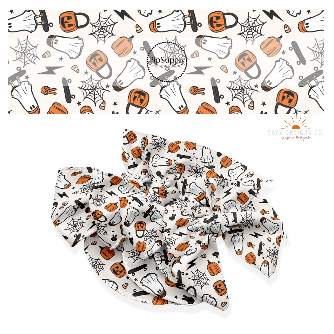 These Halloween themed no sew bow strips can be easily tied and attached to a clip for a finished hair bow. These fun spooky patterned bow strips are great for personal use or to sell. These bow strips feature the following design elements: punk skater ghost, pumpkins, and spider webs surrounded by candy.