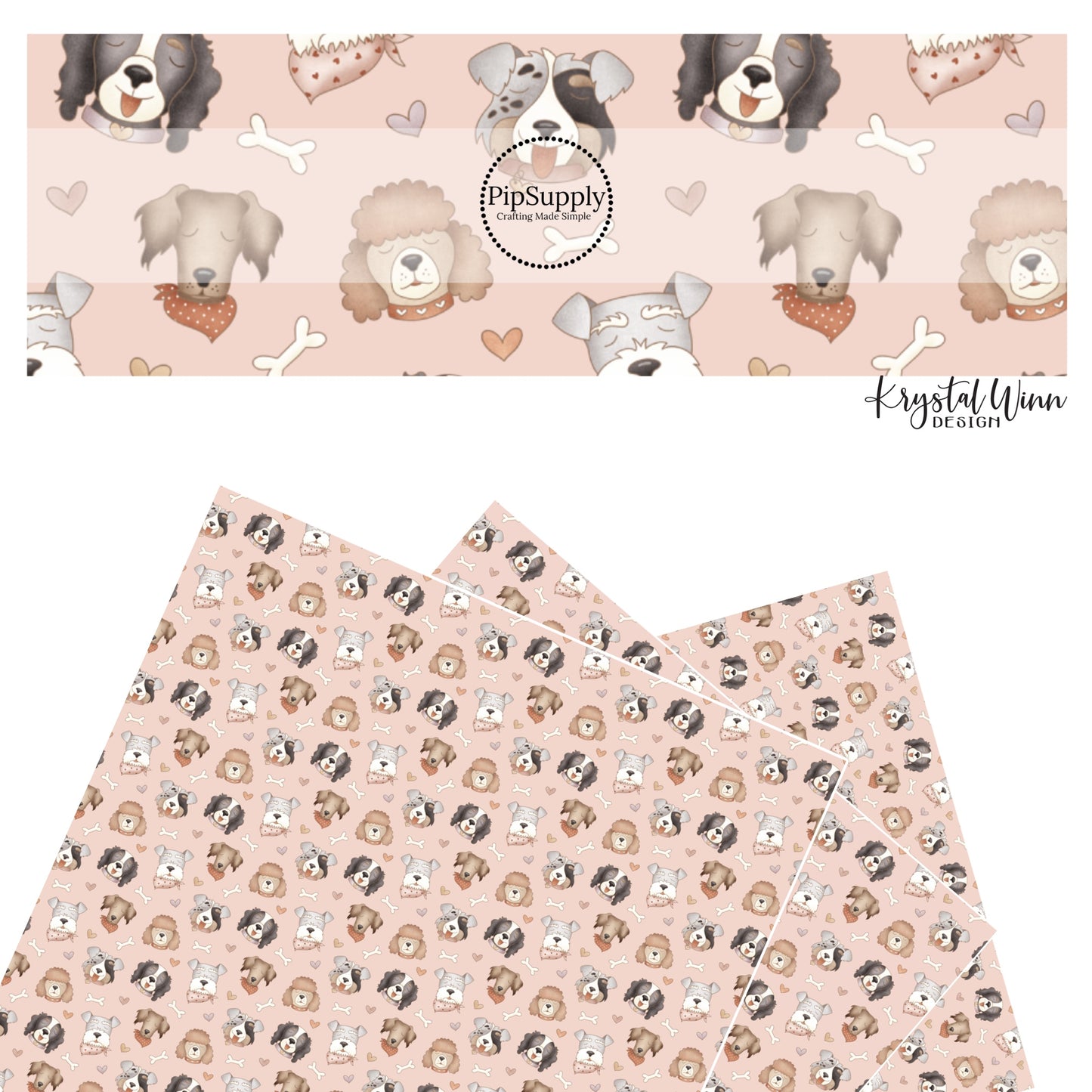 Puppy faces with hearts and bones on pink faux leather sheets