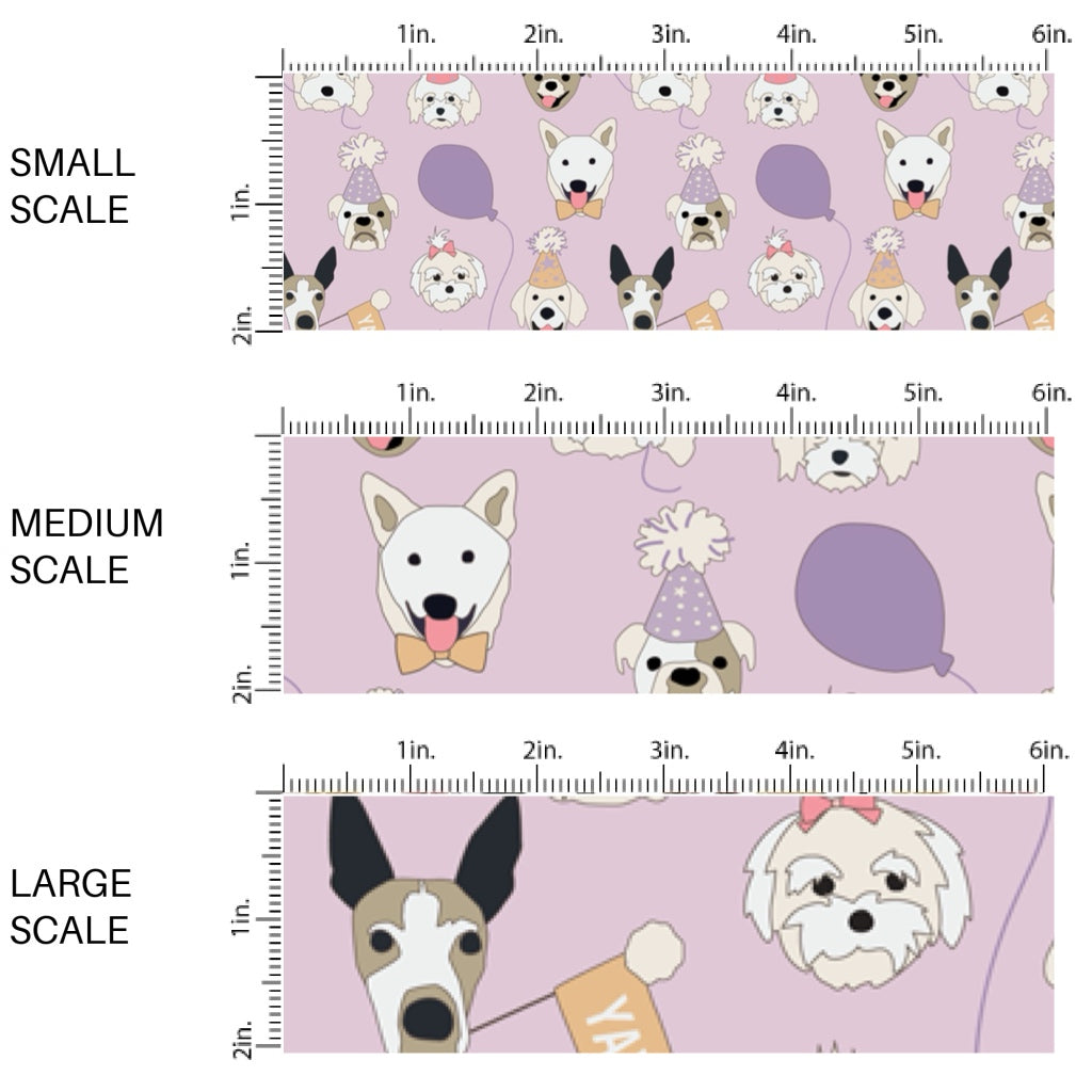 This celebration fabric by the yard features dogs in party hats on light purple. This fun themed fabric can be used for all your sewing and crafting needs!