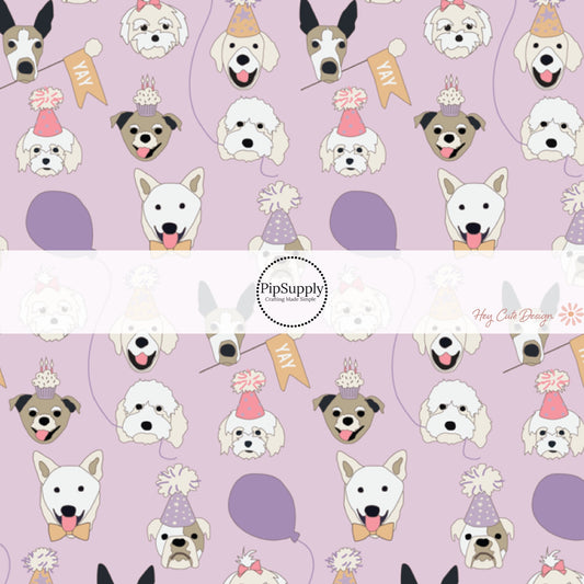 This celebration fabric by the yard features dogs in party hats on light purple. This fun themed fabric can be used for all your sewing and crafting needs!