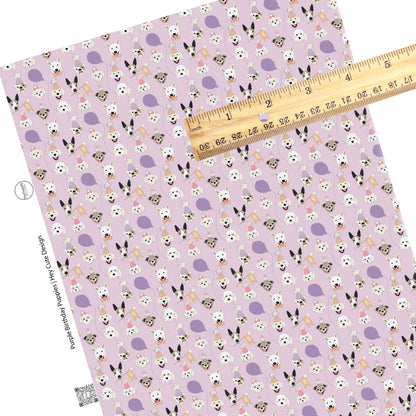 These celebration faux leather sheets contain the following design elements: dogs in party hats on light purple. Our CPSIA compliant faux leather sheets or rolls can be used for all types of crafting projects.