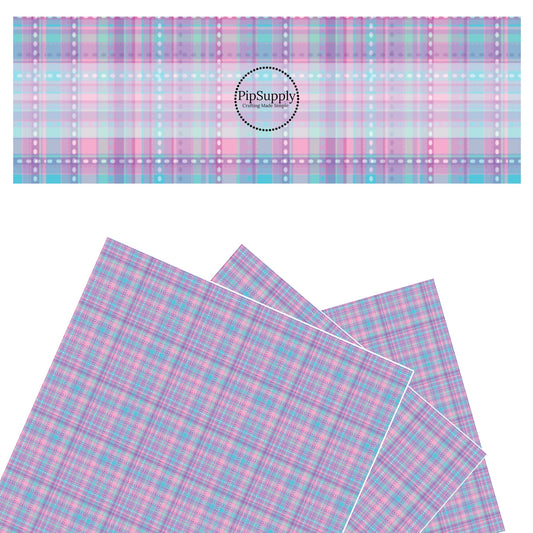 These spring pastel pattern themed faux leather sheets contain the following design elements: light pink, light blue and light purple plaid pattern. Our CPSIA compliant faux leather sheets or rolls can be used for all types of crafting projects.