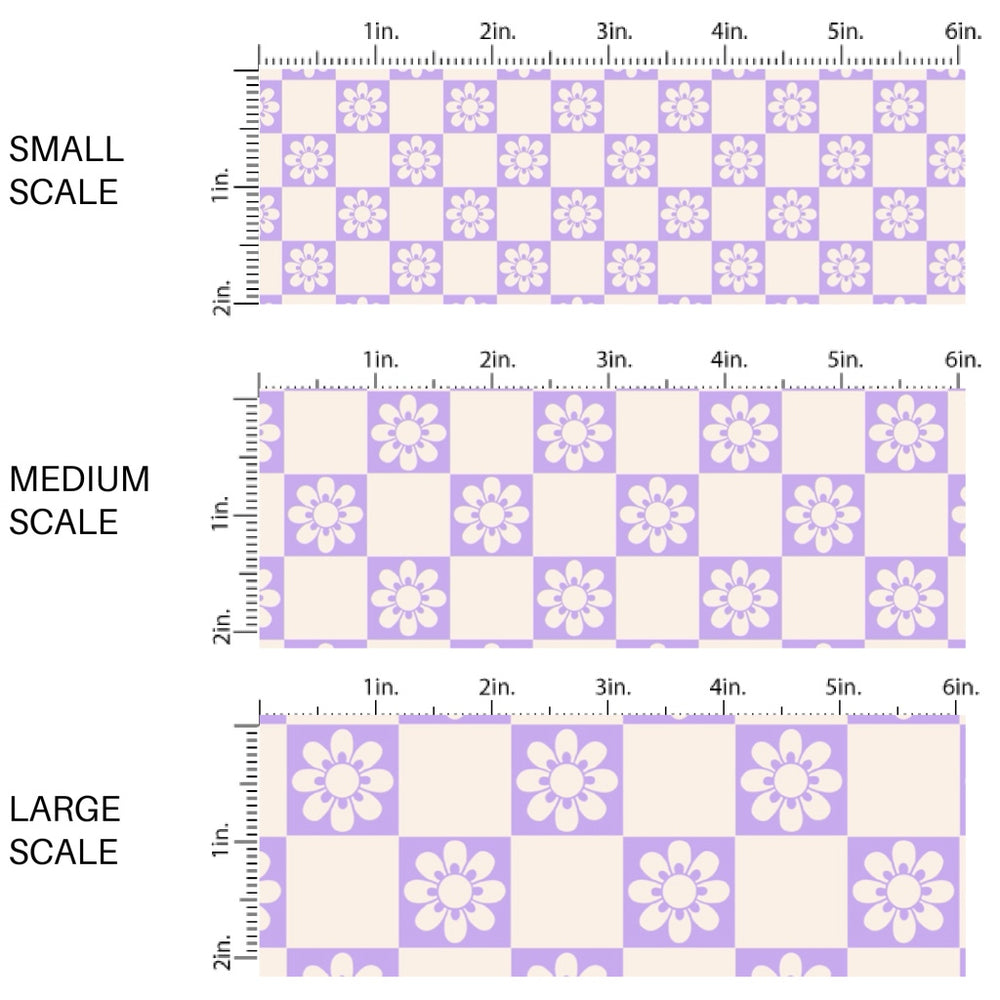 This spring fabric by the yard features daisy flowers on purple and cream checkers. This fun pattern fabric can be used for all your sewing and crafting needs!
