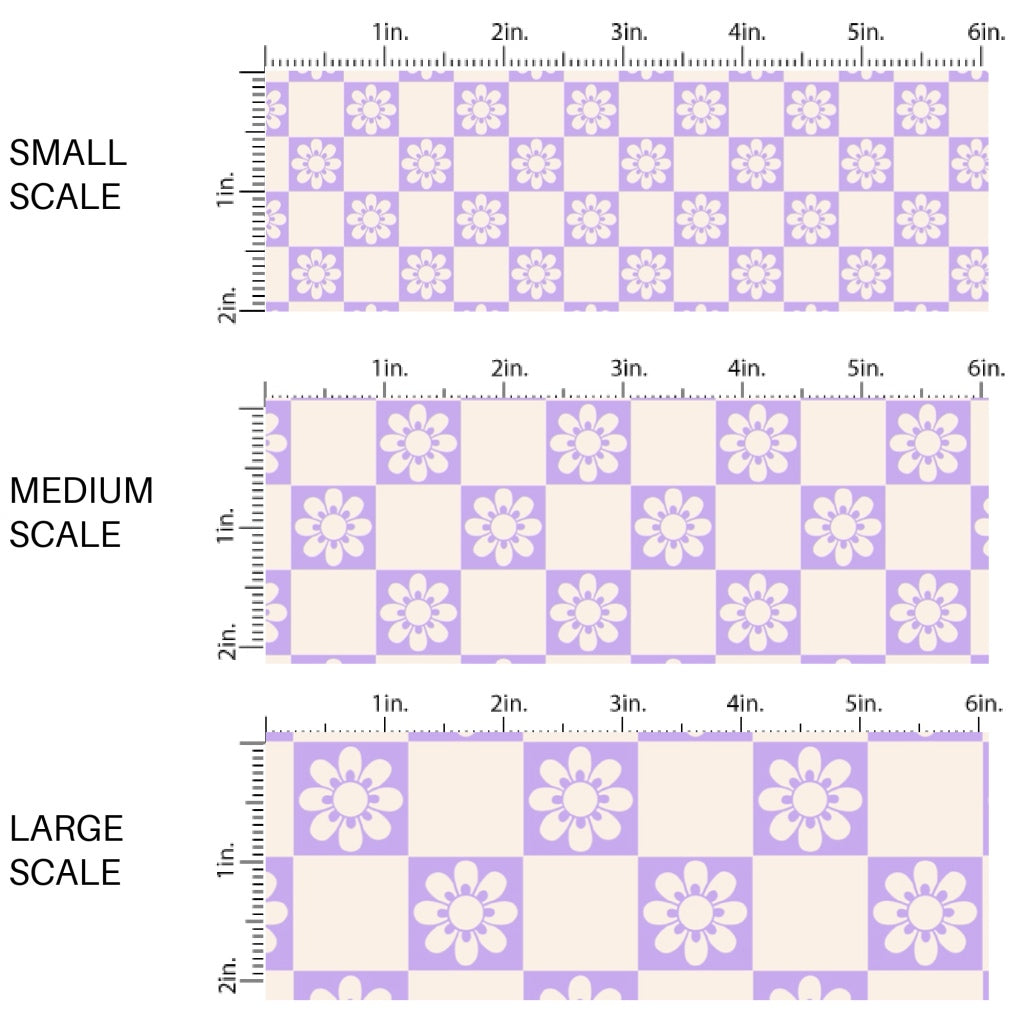 This spring fabric by the yard features daisy flowers on purple and cream checkers. This fun pattern fabric can be used for all your sewing and crafting needs!