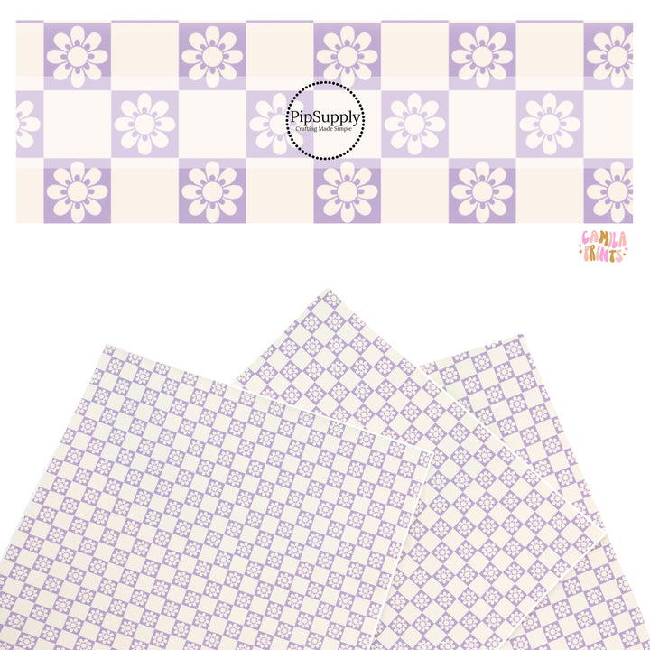 These spring themed faux leather sheets contain the following design elements: daisy flowers on purple and cream checkers. Our CPSIA compliant faux leather sheets or rolls can be used for all types of crafting projects.