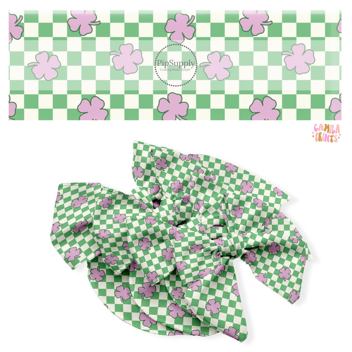 These holiday no sew bow strips can be easily tied and attached to a clip for a finished hair bow. These festive bow strips are great for personal use or to sell. These bow strips feature the following design elements: purple cloves on green and cream checkers.