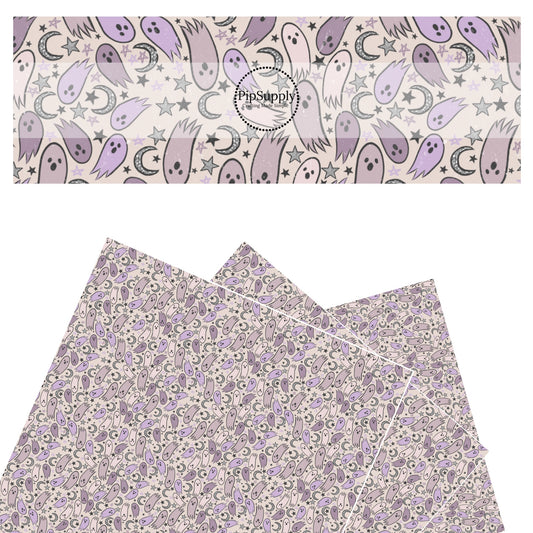 Purple multi ghost with moons and stars on gray faux leather sheets