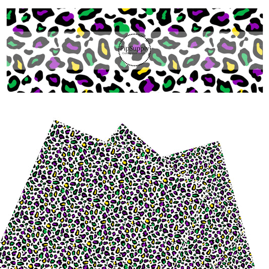 Mardi gras colored leopard print on white faux leather sheets
