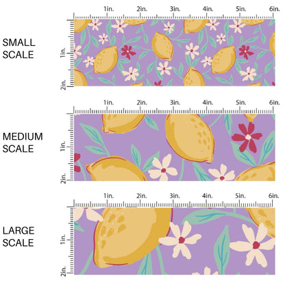 This scale chart of small scale, medium scale, and large scale of this summer fabric by the yard features lemons surrounded by tiny flowers on purple. This fun summer themed fabric can be used for all your sewing and crafting needs!