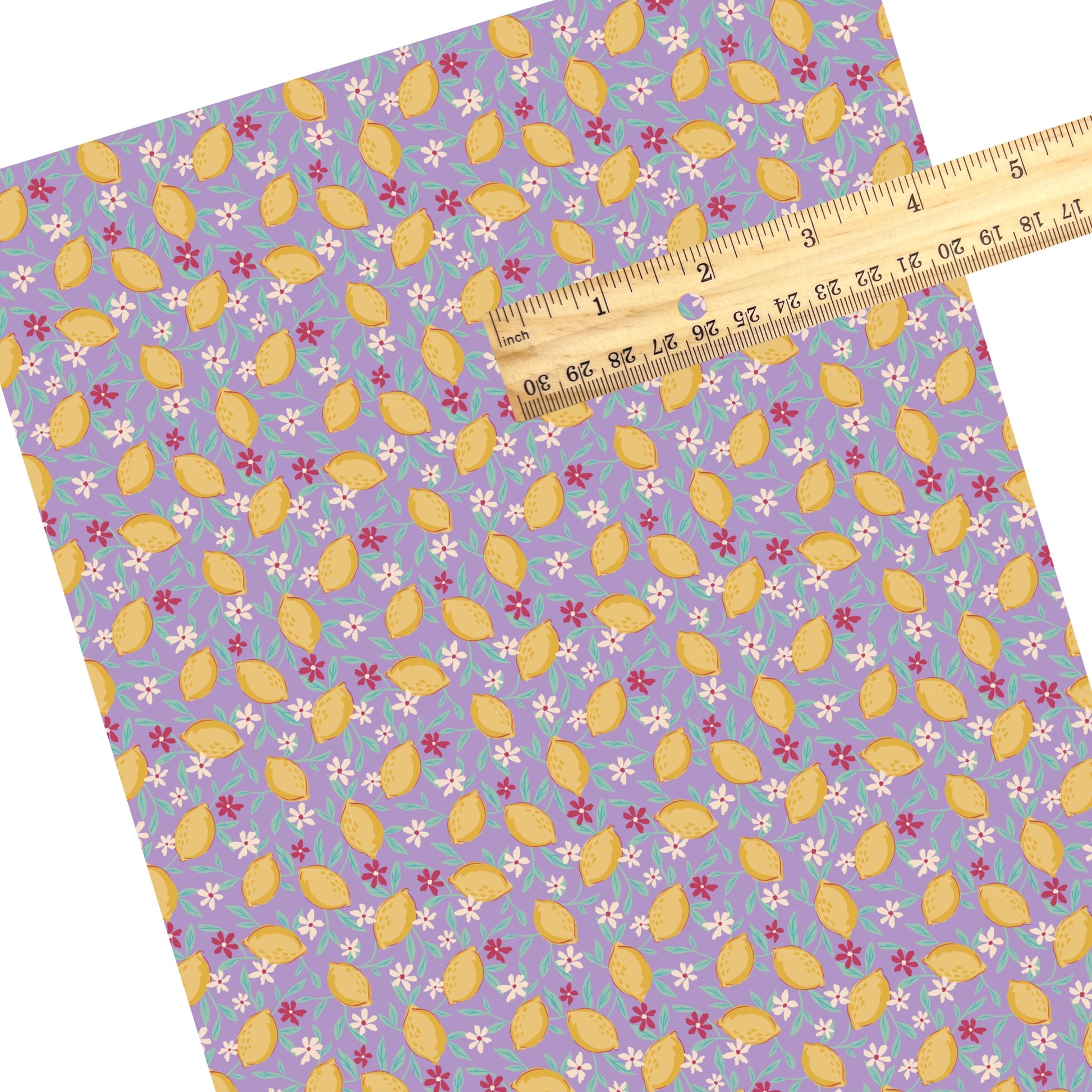These summer faux leather sheets contain the following design elements: lemons surrounded by tiny flowers on purple. Our CPSIA compliant faux leather sheets or rolls can be used for all types of crafting projects.
