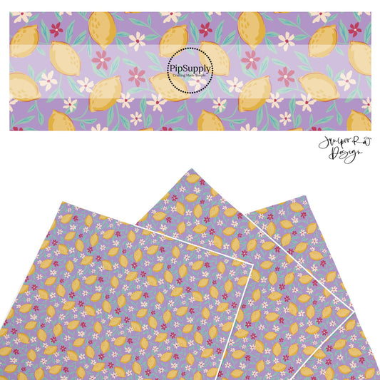 These summer faux leather sheets contain the following design elements: lemons surrounded by tiny flowers on purple. Our CPSIA compliant faux leather sheets or rolls can be used for all types of crafting projects.