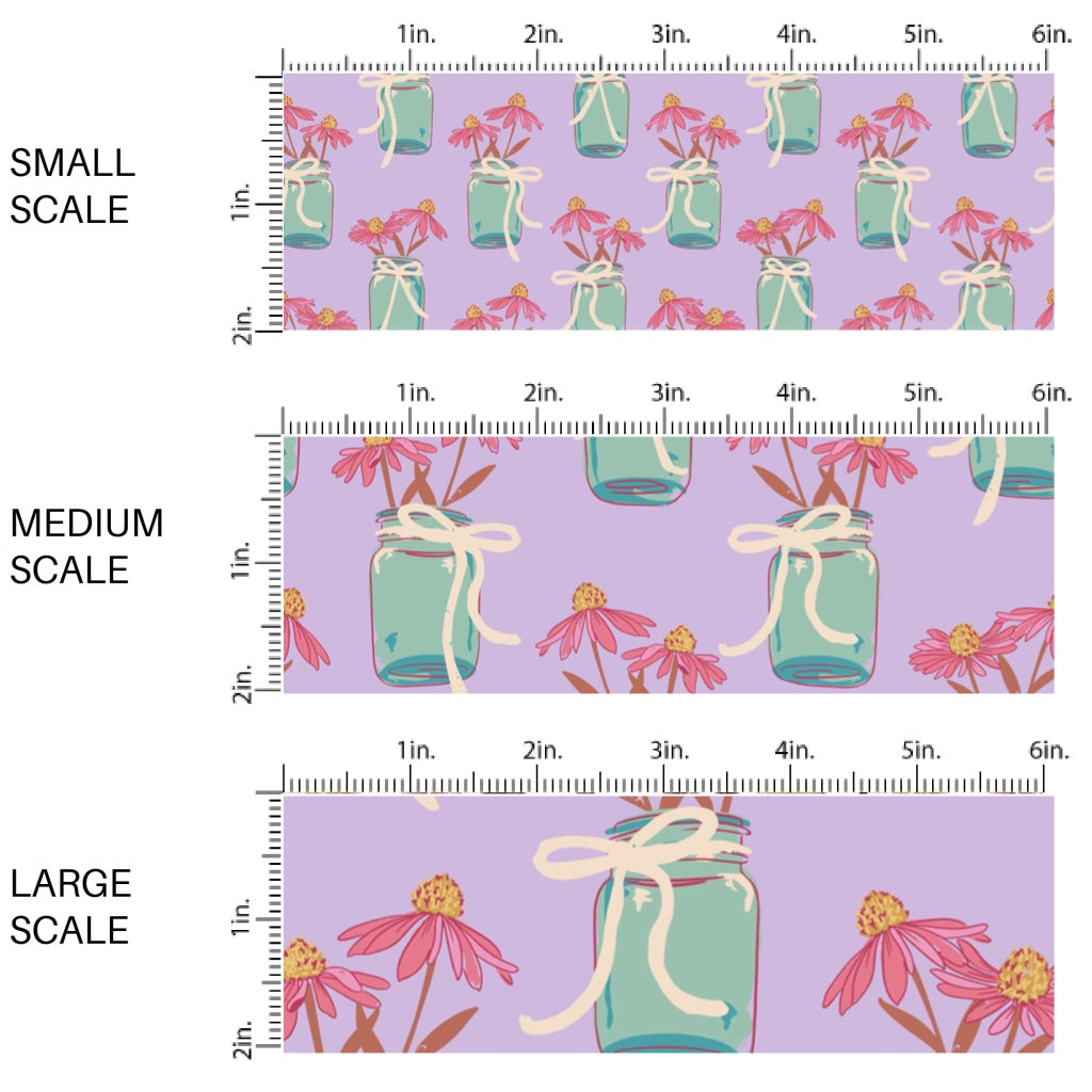 This scale chart of small scale, medium scale, and large scale of this summer fabric by the yard features flowers in a mason jar on purple. This fun summer themed fabric can be used for all your sewing and crafting needs!