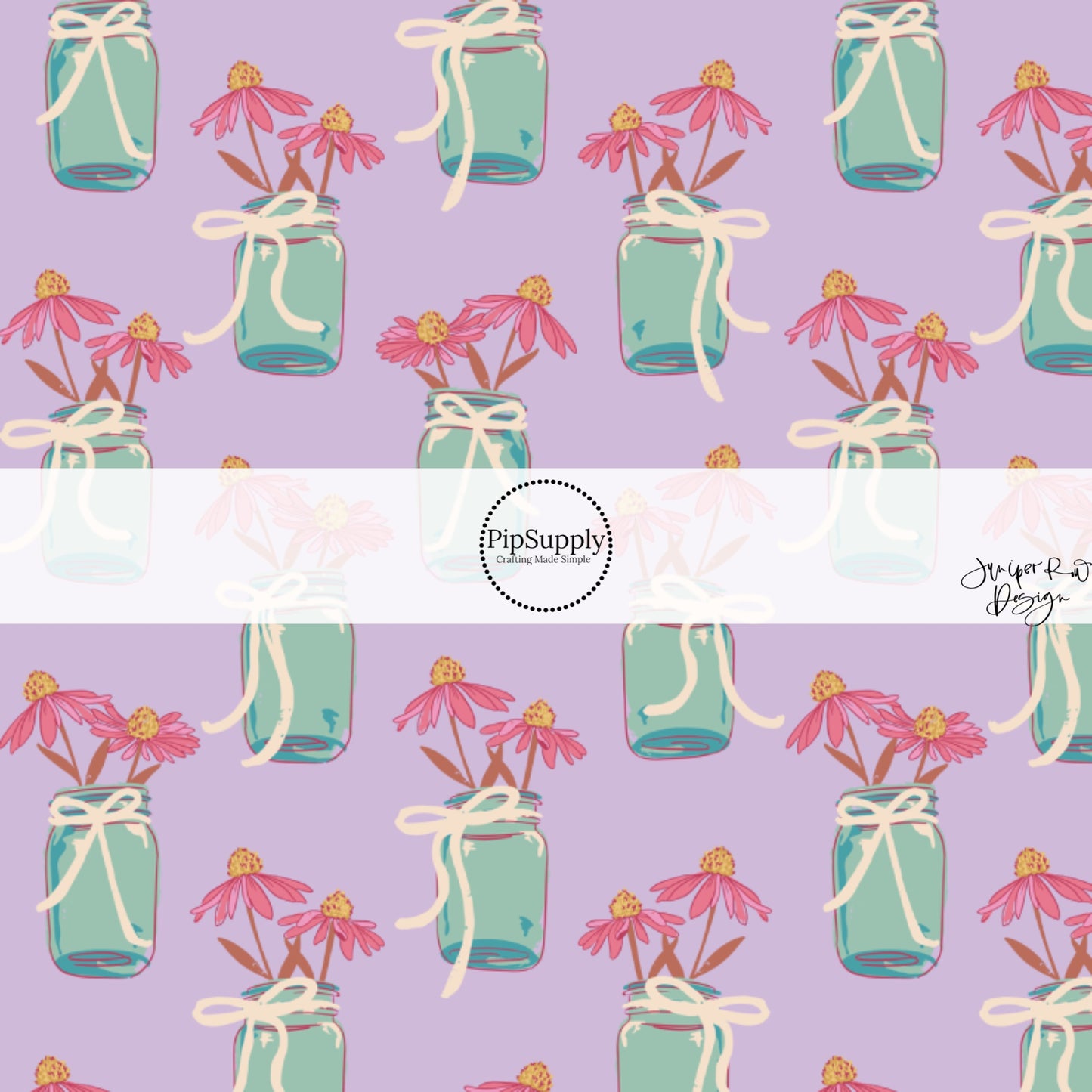 This summer fabric by the yard features flowers in a mason jar on purple. This fun summer themed fabric can be used for all your sewing and crafting needs!