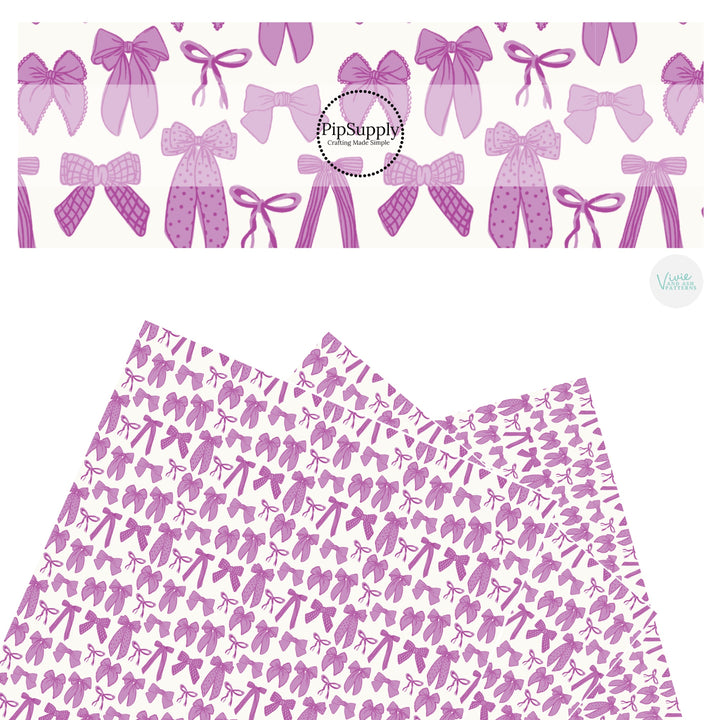 These spring bows faux leather sheets contain the following design elements: purple multi ribbon bows. Our CPSIA compliant faux leather sheets or rolls can be used for all types of crafting projects. 