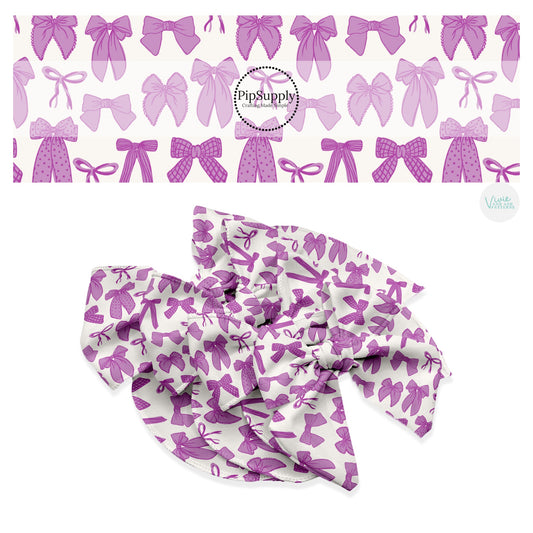 These spring bows themed no sew bow strips can be easily tied and attached to a clip for a finished hair bow. These patterned bow strips are great for personal use or to sell. These bow strips features purple multi ribbon bows.