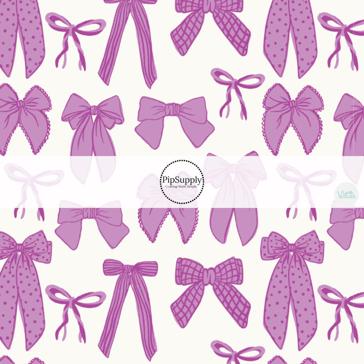 These spring bows themed no sew bow strips can be easily tied and attached to a clip for a finished hair bow. These patterned bow strips are great for personal use or to sell. These bow strips features purple multi ribbon bows.