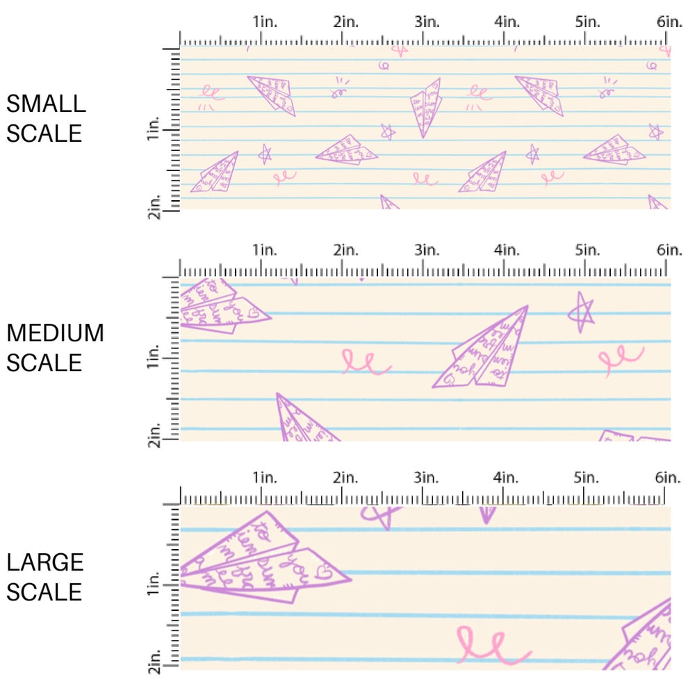 This scale chart of small scale, medium scale, and large scale of these school themed fabric by the yard features purple airplanes on cream. This fun themed fabric can be used for all your sewing and crafting needs!