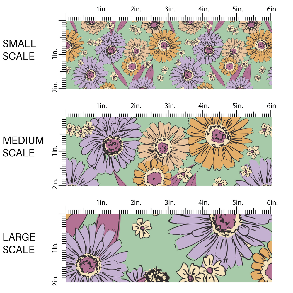 This scale chart of small scale, medium scale, and large scale of these floral themed light mint fabric by the yard features lavender, dark pink, cream, and orange flowers.