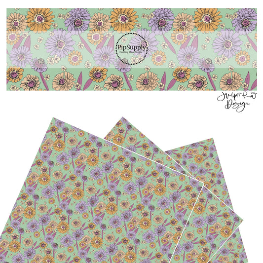These floral themed light mint faux leather sheets contain the following design elements: lavender, dark pink, cream and orange flowers. 