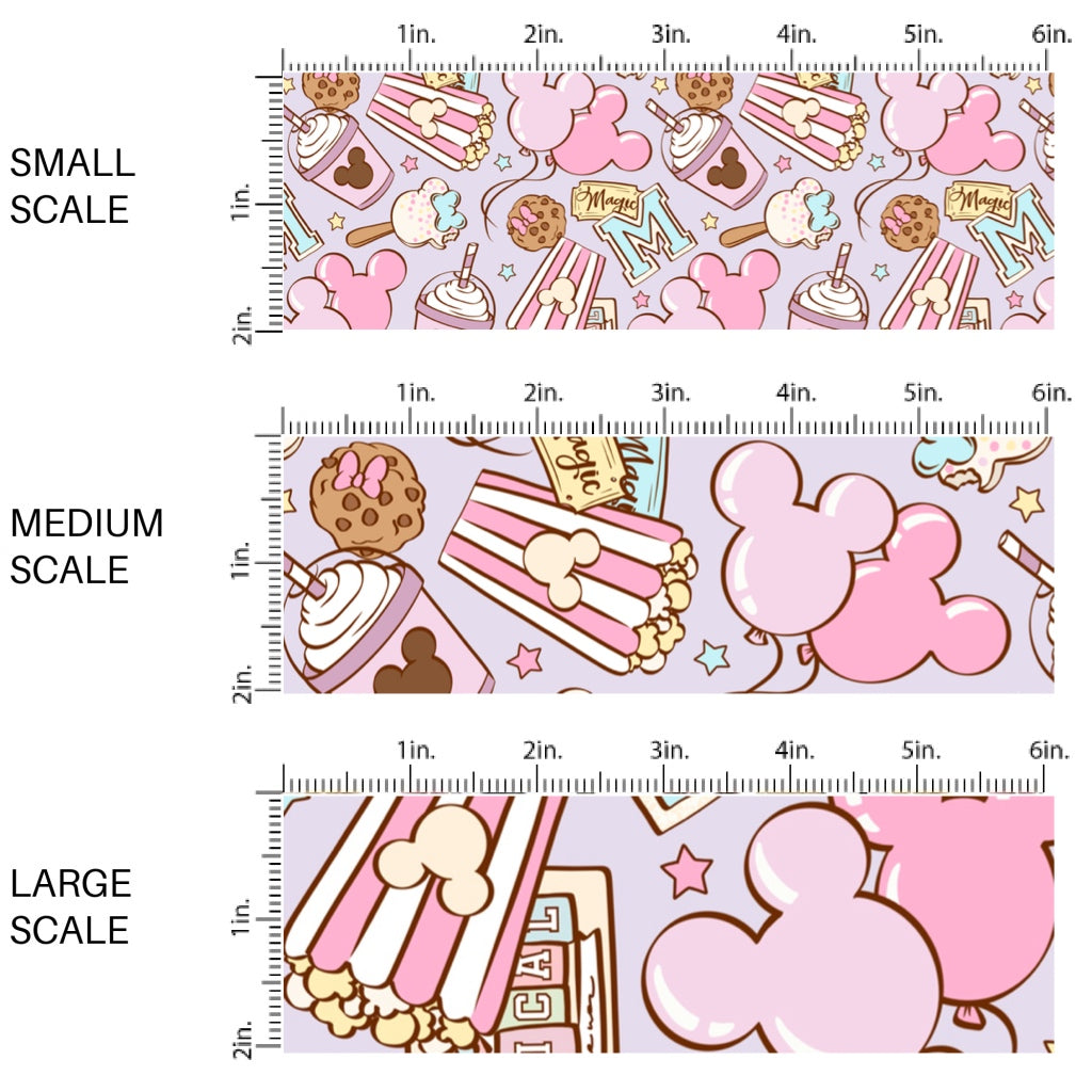 This scale chart of small scale, medium scale, and large scale of this magical adventure inspired fabric by the yard features the following design: treats, popcorn, drinks, and mouse ears on light purple. This fun themed fabric can be used for all your sewing and crafting needs!