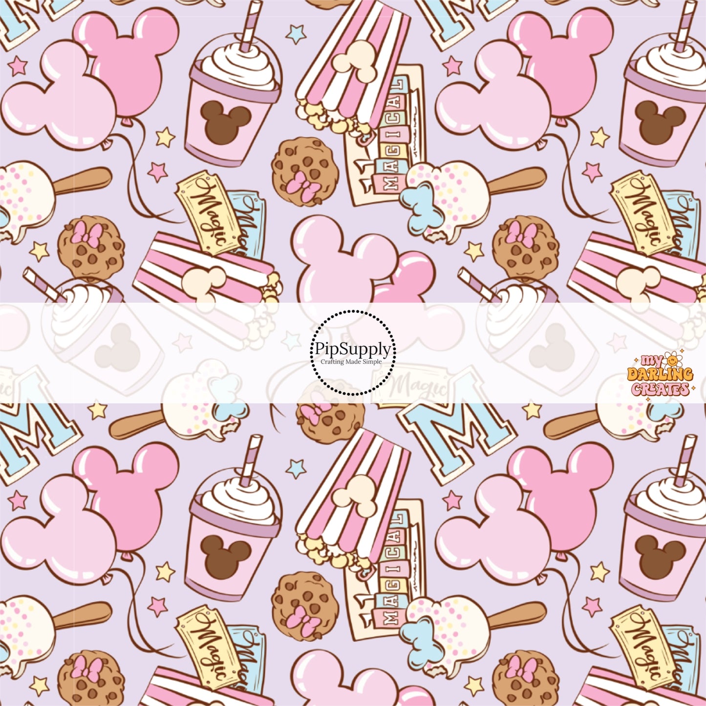 This magical adventure inspired fabric by the yard features the following design: treats, popcorn, drinks, and mouse ears on light purple. This fun themed fabric can be used for all your sewing and crafting needs!