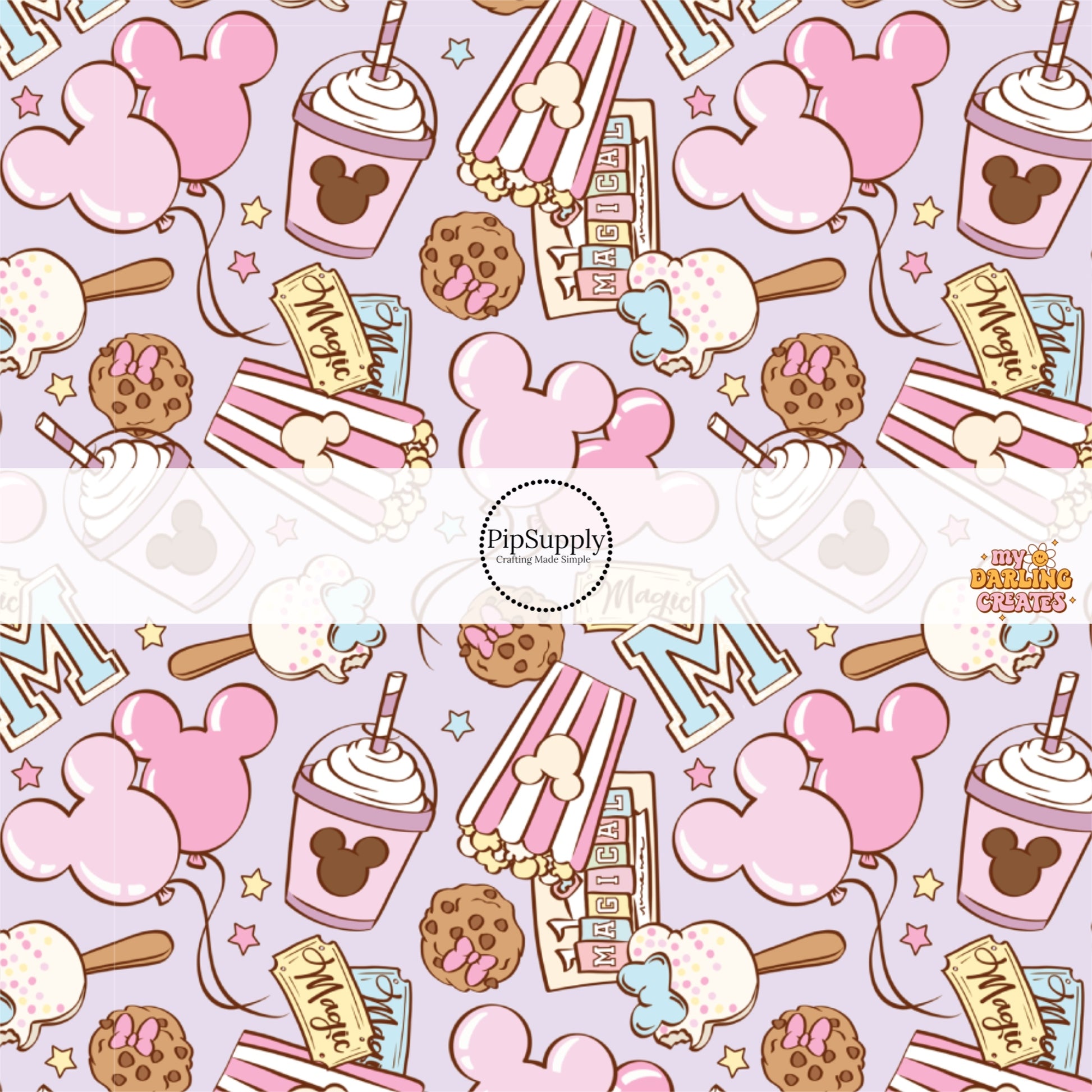 This magical adventure inspired fabric by the yard features the following design: treats, popcorn, drinks, and mouse ears on light purple. This fun themed fabric can be used for all your sewing and crafting needs!