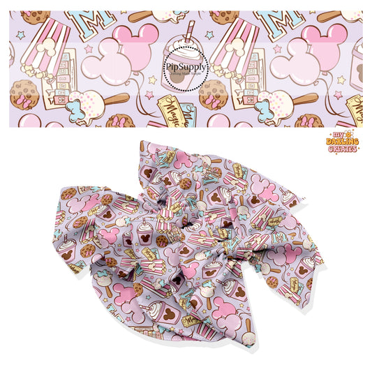 These magical adventure inspired themed no sew bow strips can be easily tied and attached to a clip for a finished hair bow. These fun themed patterned bow strips are great for personal use or to sell. These bow strips feature the following treats, popcorn, drinks, and mouse ears on light purple.