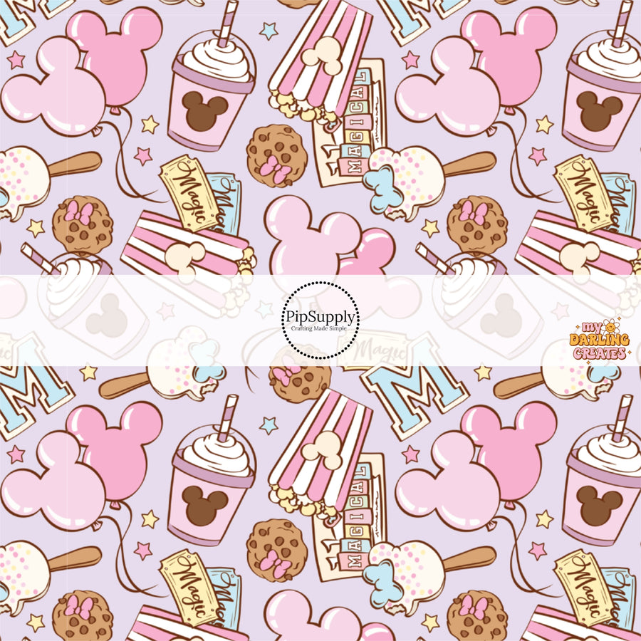 These magical adventure inspired themed no sew bow strips can be easily tied and attached to a clip for a finished hair bow. These fun themed patterned bow strips are great for personal use or to sell. These bow strips feature the following treats, popcorn, drinks, and mouse ears on light purple.