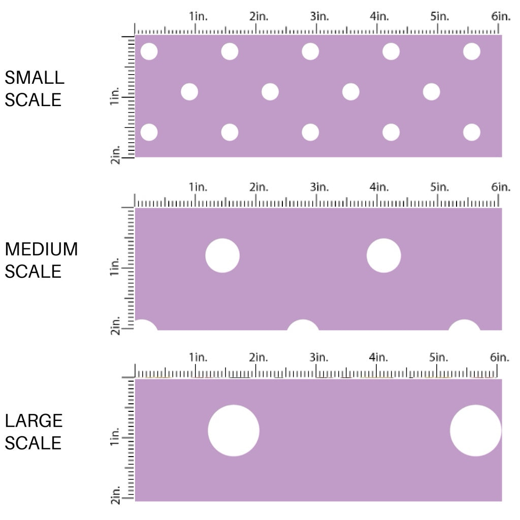 This scale chart of small scale, medium scale, and large scale of this celebration fabric by the yard features white dots on light purple. This fun themed fabric can be used for all your sewing and crafting needs!