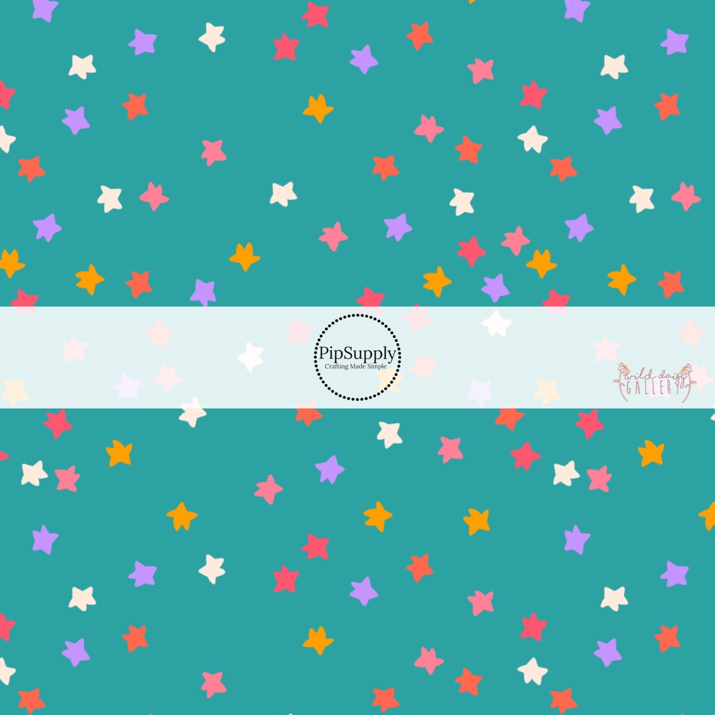 Scattered white, pink, purple, and gold stars on teal bow strips