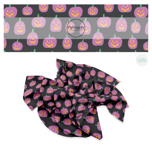 Purple pumpkins with yellow faces on black hair bow strips
