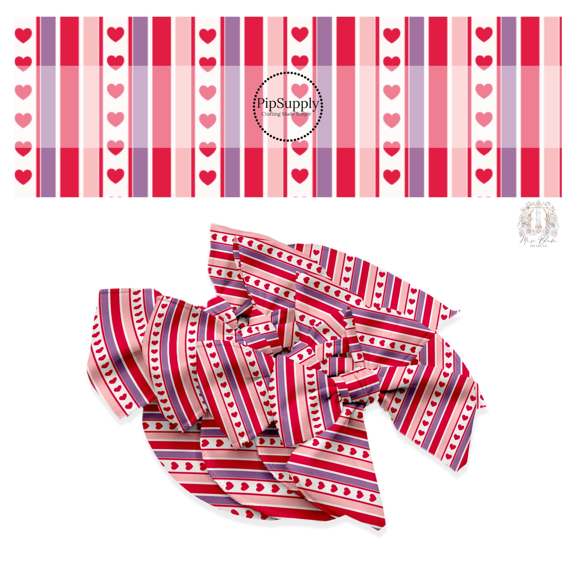 Red hearts with pink, purple, and red stripes hair bow strips