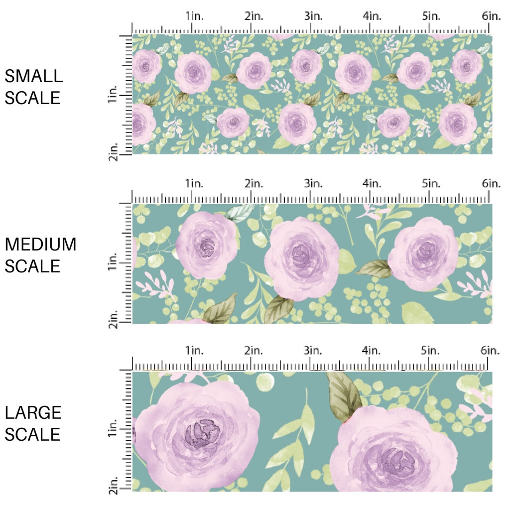 This scale chart of small scale, medium scale, and large scale of this summer fabric by the yard features purple roses on aqua. This fun summer themed fabric can be used for all your sewing and crafting needs!