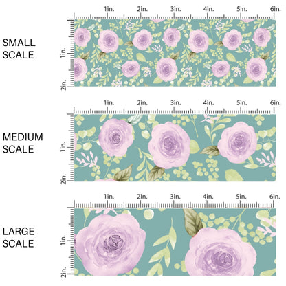 This scale chart of small scale, medium scale, and large scale of this summer fabric by the yard features purple roses on aqua. This fun summer themed fabric can be used for all your sewing and crafting needs!