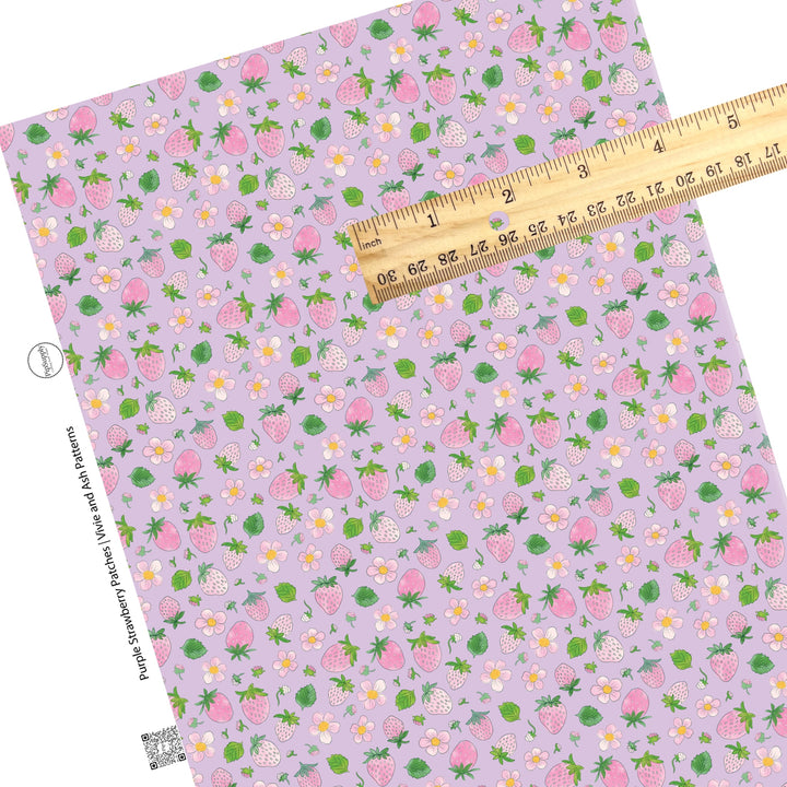 These spring strawberries and floral faux leather sheets contain the following design elements: pink strawberries and flowers on light purple. Our CPSIA compliant faux leather sheets or rolls can be used for all types of crafting projects. 