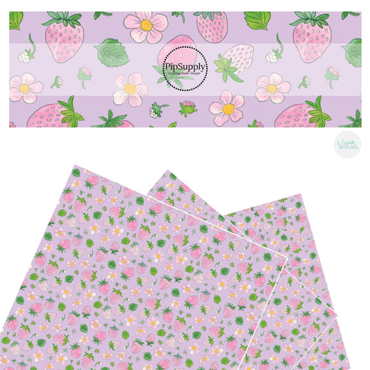 These spring strawberries and floral faux leather sheets contain the following design elements: pink strawberries and flowers on light purple. Our CPSIA compliant faux leather sheets or rolls can be used for all types of crafting projects. 